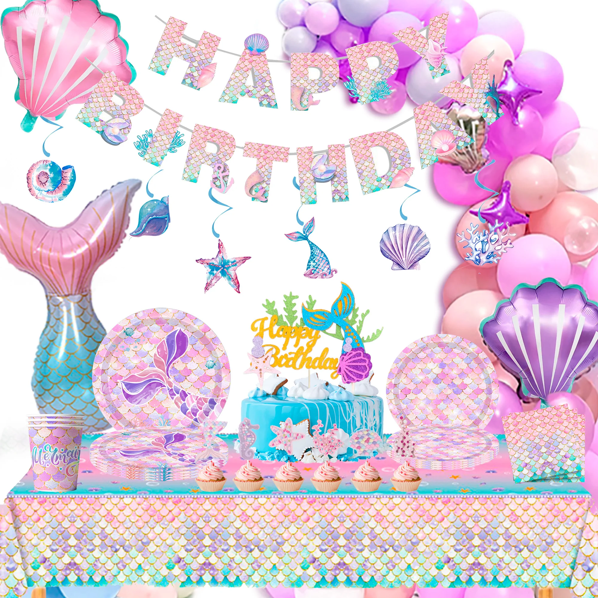 Set Di Stoviglie Per Festa A Tema Sirena, Piatti E Tovaglioli Di Carta, Per Compleanno Ragazze E Baby Shower, Tovaglioli Inclusi