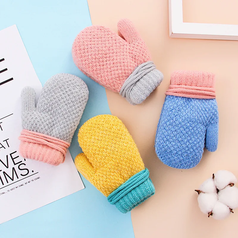Winter Baby Boys Girls Knitted Gloves Warm Full Finger Mittens Gloves with Rope For Children Toddler Kids 1-3Years Winter Gloves