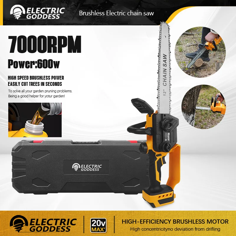 EGOD Brushless Electric Chain Saw 12Inch 7000RPM Handheld Wood Cutting Power Tool For Dewalt Battery