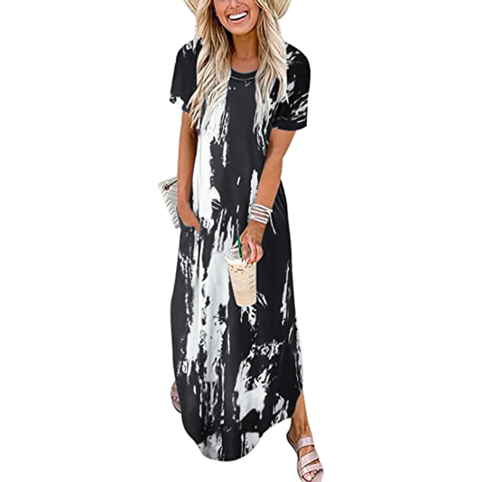 

Women Short Sleeve Pocket Casual Printing Women Dress Beach Long Maxi Loose Ladies Dresses Sexy Y2k Vestidos Dres Party