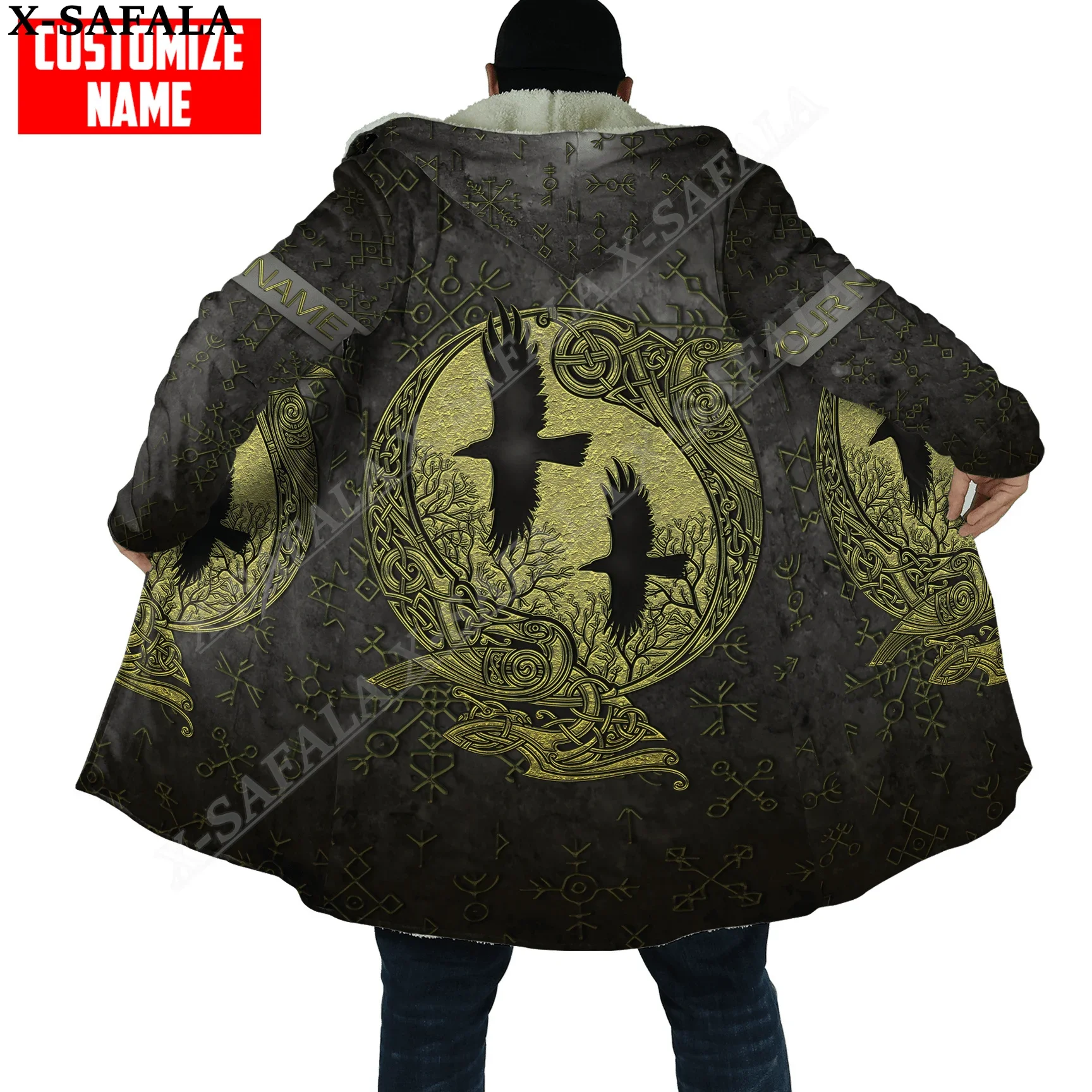 Symbol Viking Tattoo Raven Wolf Odin Overcoat Coat 3D Print Thick Warm Hooded Cloak Men Windproof Fleece Unisex Casual-5