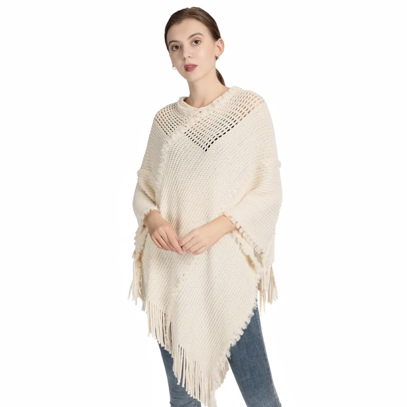 

Women Spring Autumn Shawl Lady Tassels Knit Poncho Shoulder Hollow Out Wrap Two-way Pullover Loose Sweater Wholesale Drop Ship