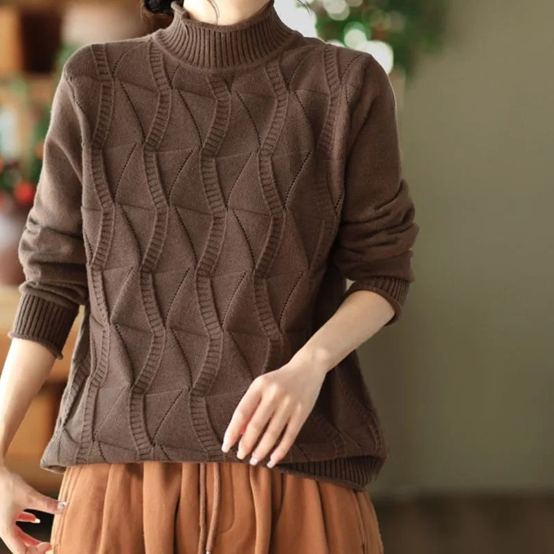 thumbnail image 1 of Suéter de punto para mujer, estilo occidental, holgado, versátil, estilo retro, con cuello alto, holgado, de color sólido, a la moda de otoño e invierno, 1 of 5