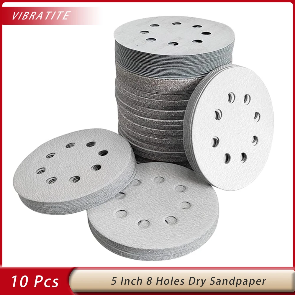 10 шт., 5 дюймов, абразивная наждачная бумага с 8 отверстиями 10 шт., 5 дюймов, абразивная наждачная бумага с 8 отверстиями