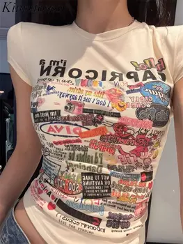 Y2K Women Printing T Shirts Summer Sexy Slim Short Sleeve Tops Female Fashion Gothic Streetwear Skinny Crop Tees New 1
