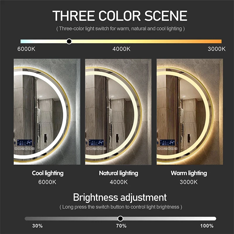 Gold Border Round LED Smart Bathroom Mirror With Bluetooth Body Induction Defogging 3 Color Light Multifunctional Makeup mirrors