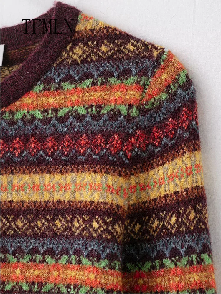 Jacquard Knitted Cropped Coats For Women Fashion Single Breasted O-neck Causal Jacket Long Sleeve Cardigan Tops 2026 Spring