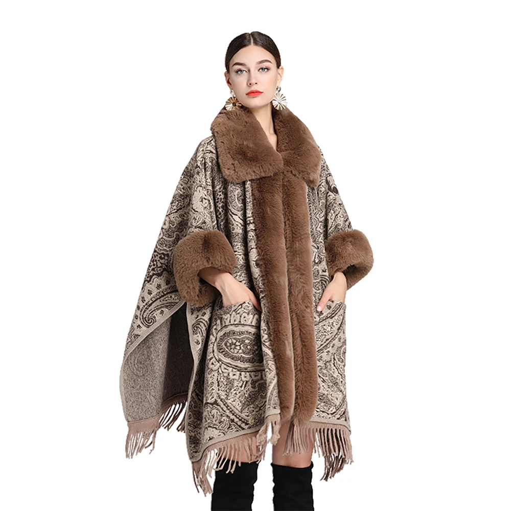 Women's Rex Rabbit Faux Fur Shawl Lady Cashmere Feel Wrap Autumn Winter Paisley Cloak Classic Luxury Warm Overcoat with Pocket