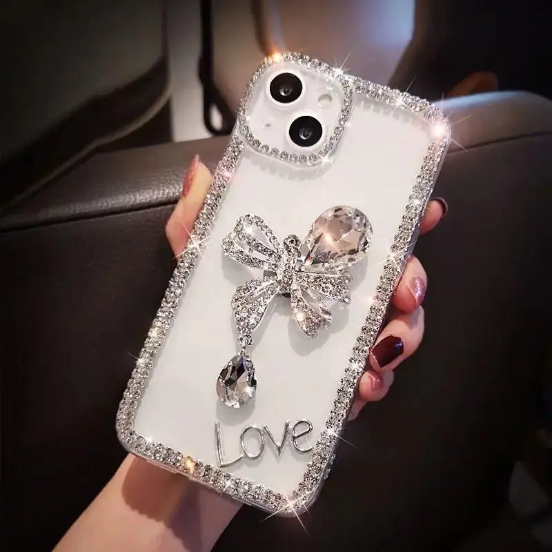 Transparent Cute Love Bow Phone Case with Bling Diamond Accents - Shockproof Clear Back Cover