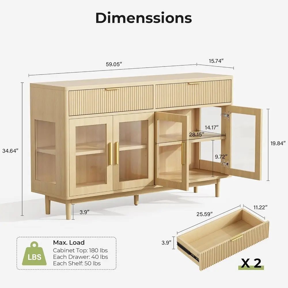Sideboard et Cabinet with Drawers, Modern Kitchen Storage Cabinet with Adjustable Shelves and Tempered Glass Doors, Wood Cof