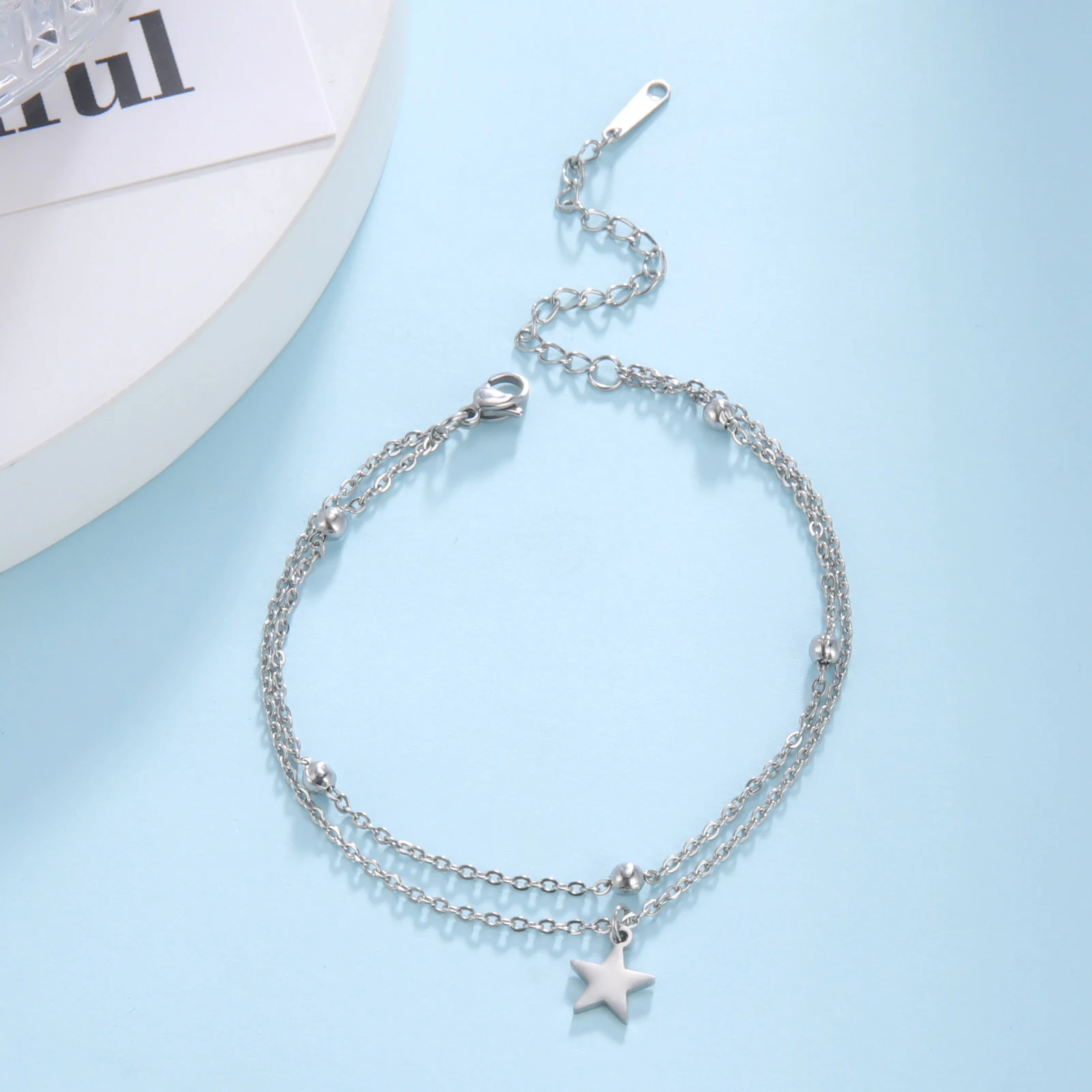 Kkjoy Armbänder Von Frauen Silber Farbe Edelstahl Doppel Mond Kette Stern Perlen Armreifen Minimalistischen Weiblichen Schmuck Zubehör – Detail 5