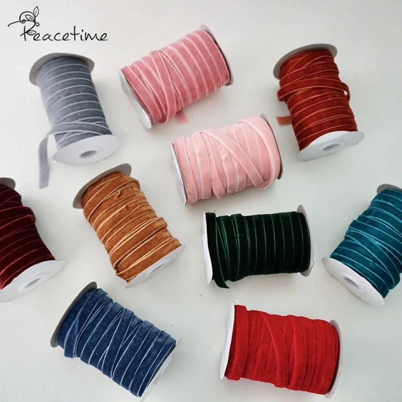10mm Colour Single Face Glitter Line Polyester No Elastic Velvet Ribbon 5yards for Bowknot Christmas Ribbon Party Decorations