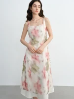 DUSHU Plus Size Flocked Print Strap Dress with Blush Effect Elegant Slimming and Romantic for Summer Dates 25DS82581