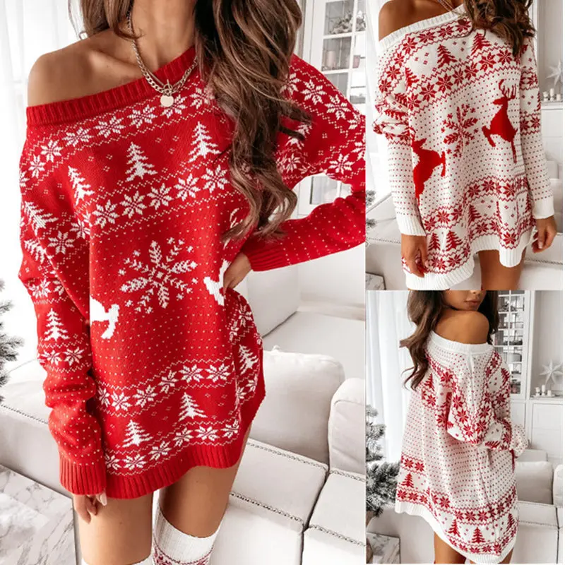 

New 2023 Warm Women's Sweater Christmas Jacquard Knitted Dress Loose Fit Long Sleeve O-neck Dress For Autumn Winter Streetwear