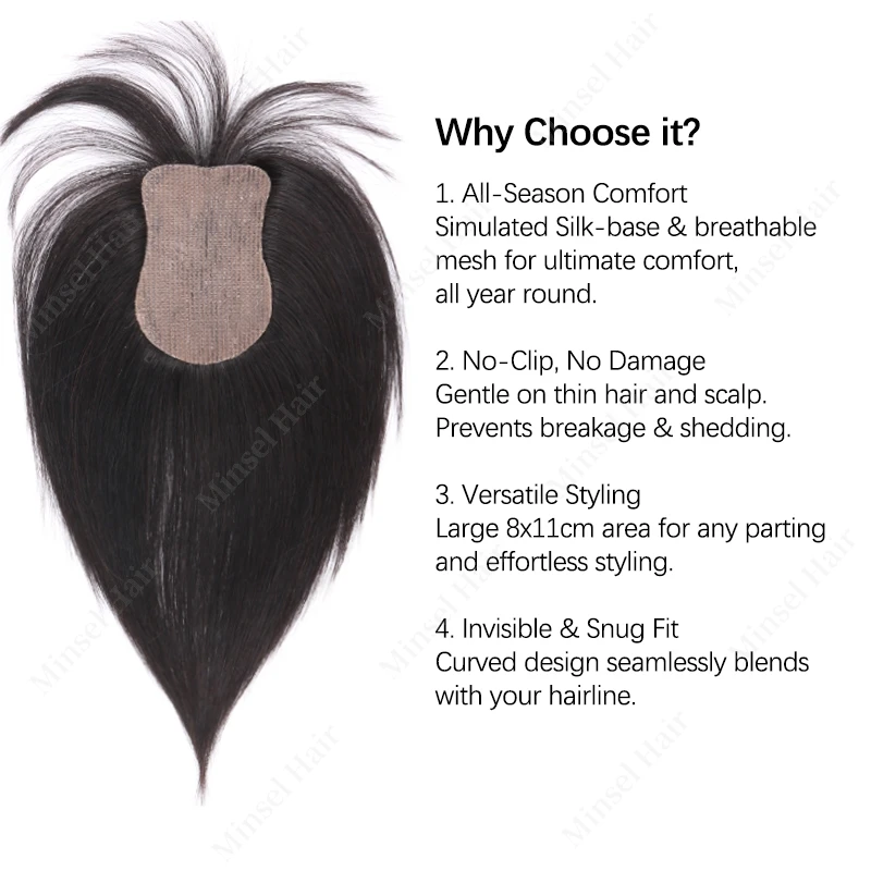 No Clip Human Hair Topper L-Hook Strong Grip Velcro Base 8x11cm Skin Like Hair Toppers Realistic Hairpart 25cm Mocha Brown 1B 3