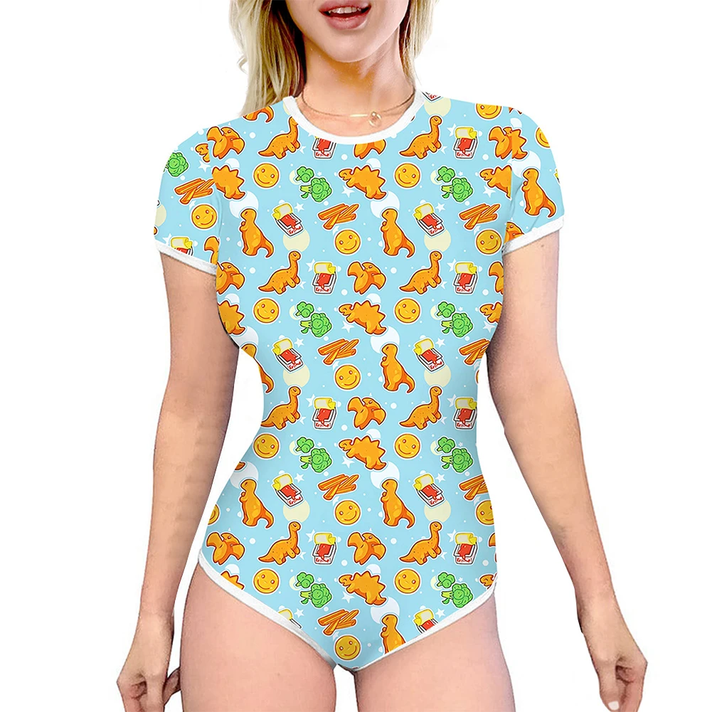 Women Bodysuit Sleep Wear Set Women Jumpsuit Floral Print Pajama Romper Women Summer Casual Slim Rompers Adults Cartoon Print Short Sleeve Round Neck High Waist Playsuits Home Sleepwear