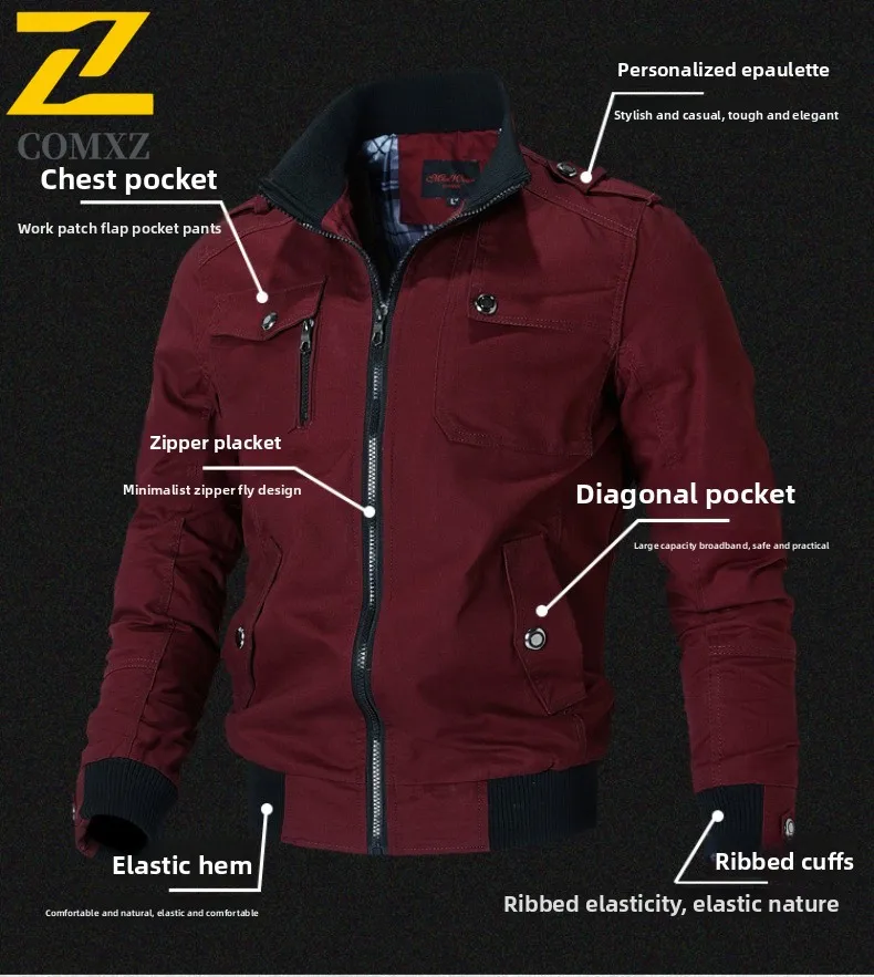 EiAO Mens Casual Solid Color Jacket Lightweight Cotton Zipper Stand Collar Loose Fit Outdoor Windbreaker Autumn Thin Coat​