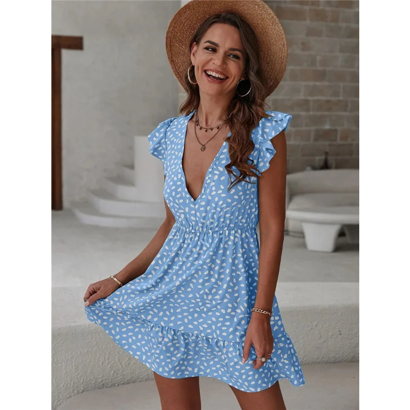 

2023 Summer V-neck Printed Loose Skirt and Lotus Leaf Sleeve Dress Casual Blue Beach Dress Women Summer Mini Dress