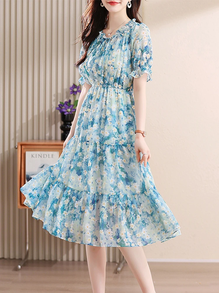 blue knee length summer dress summer chiffon dress, blue dress, fitted dress, party dress, midi dres