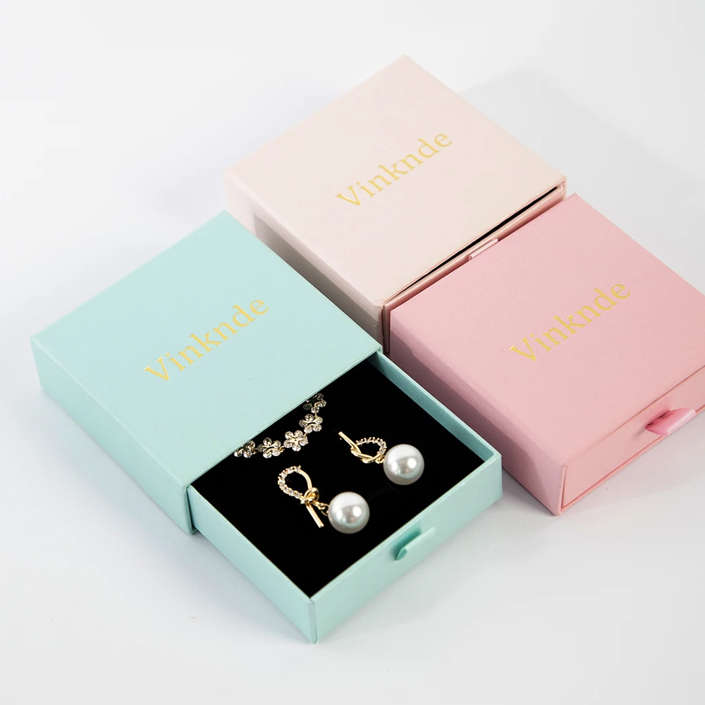 

8x8x2.5cm Custom Logo Cardboard Jewelry Gift Necklace Earring Rings Box Slide Drawer Paper Jewelry Packaging Organizer Case Box