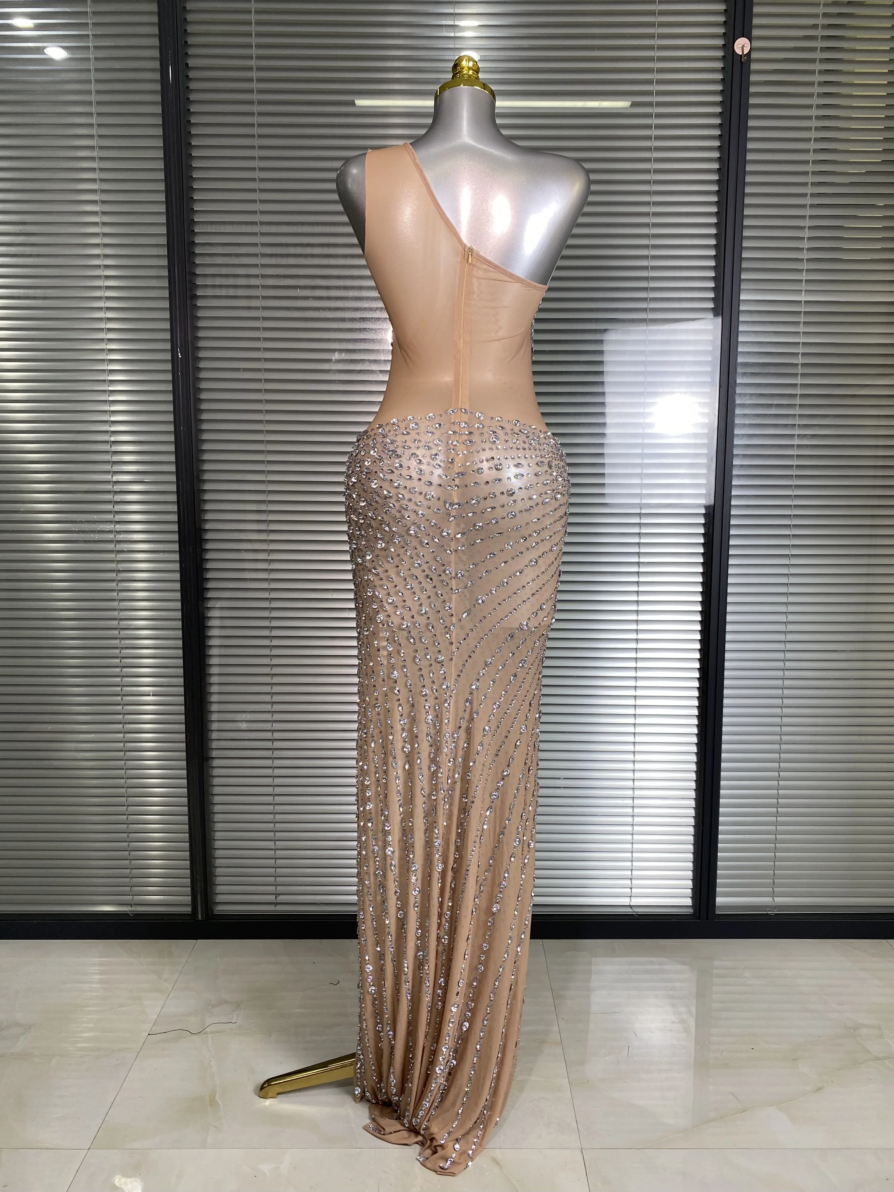 DIAMOND DRESS RHINESTONE LONG MAXI TALL SHEER SILVER WEDDING BRIDE QUEEN