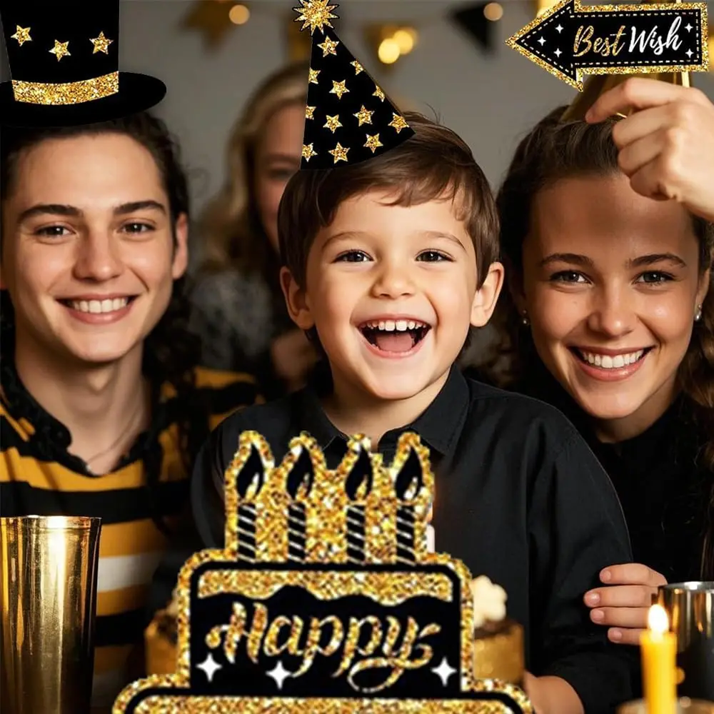 36Pcs Birthday Photo Booth Props Black Golden Happy Birthday Selfie Props for Bday Weddings Prom Disco Mardi Gras Party Supplies