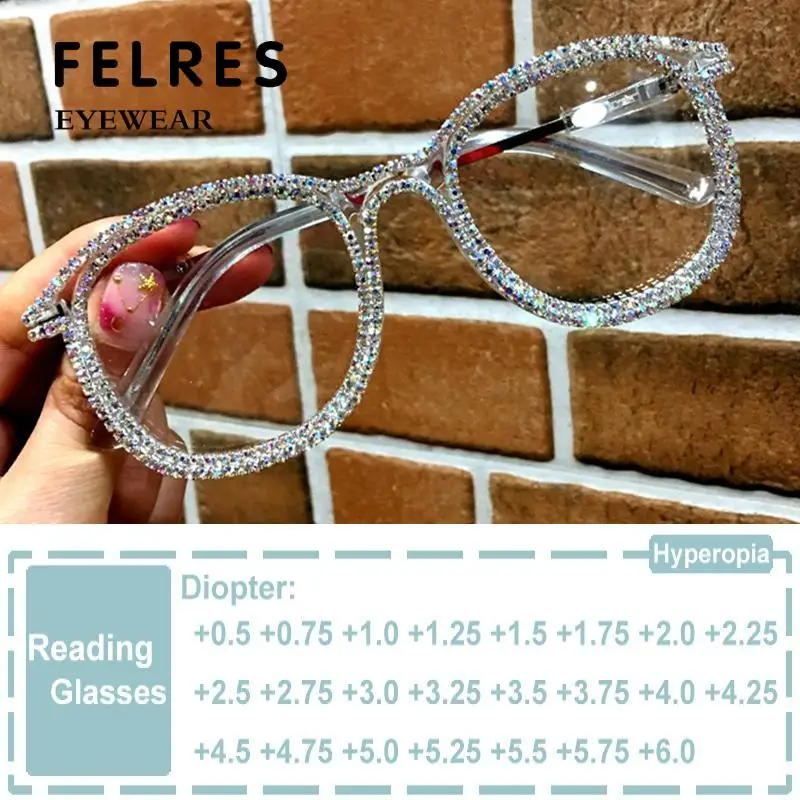 

Round Fashion Rhinestone Farsighted Reading Glasses Women Clear Anti Blue Light Prescription Computer Presbyopia Eyeglasses