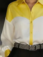 Women Shirt Blouse Long Sleeve Turn Down Collar Button Color Block Patchwork Casual Female Office Tops Trendy Work Shirt - Image 6