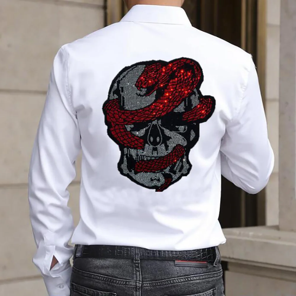 

New Brand Shirts Men Long Sleeve Dress Fashion Diamond Rhinestone Slim Fit Camisa Masculina Plus Size Clothing 046