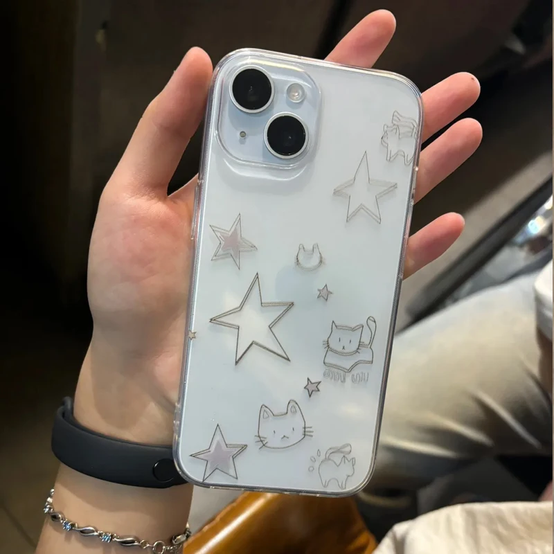Charming Kawaii Cat & Stars Soft TPU Phone Case - Clear & Cute Design