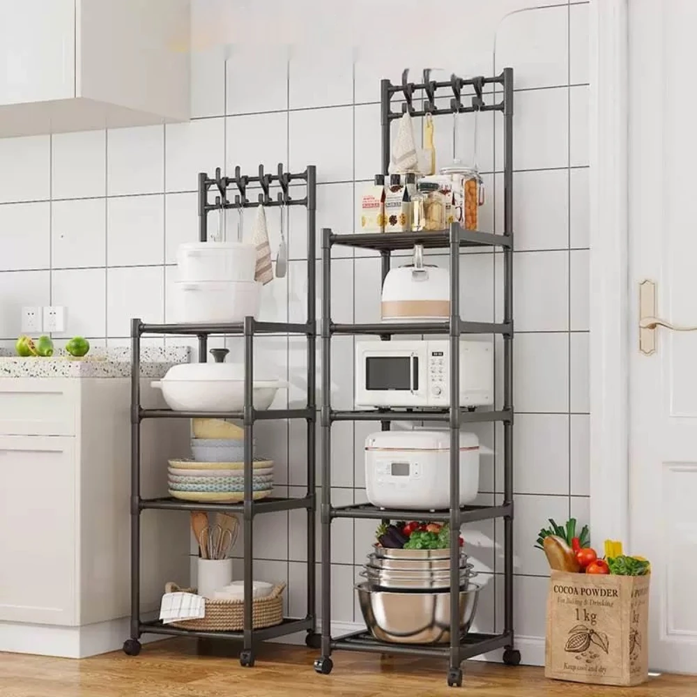 Kitchen Storage Rack Floor Standing with Pulley Kitchen Microwave Organizer Multilayer Home Oven Rack with Hook Easy To Assemble