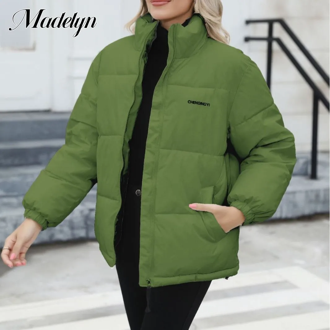 

Зимние стеганые пальто с воротником-стойкой, Женские однотонные куртки с буквенным принтом, Женская Повседневная пуховая куртка с длинным рукавом, ветрозащитные парки 2023