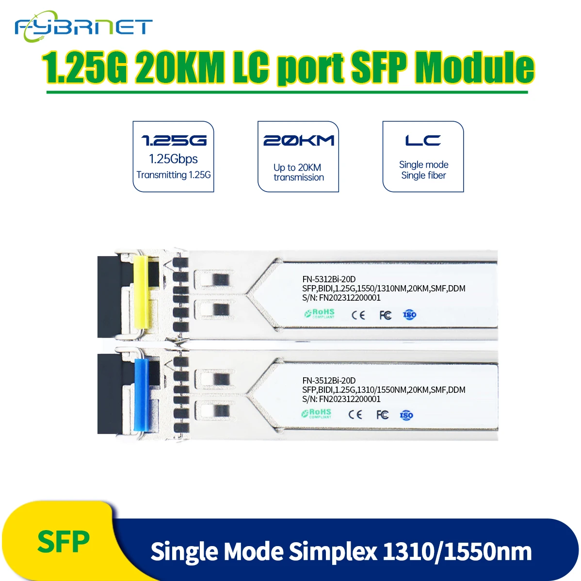 LC Simplex Connector Transceiver SFP Module Single Mode Single Fiber Optical 1310nm/1550nm Ethernet Compatible with Cisco 1000base bx wdm bi directional sfp module tx 1310 nm and rx 1550 nm 1 lc simplex port up to 2 km transmission distance in 9 125 m smf single m