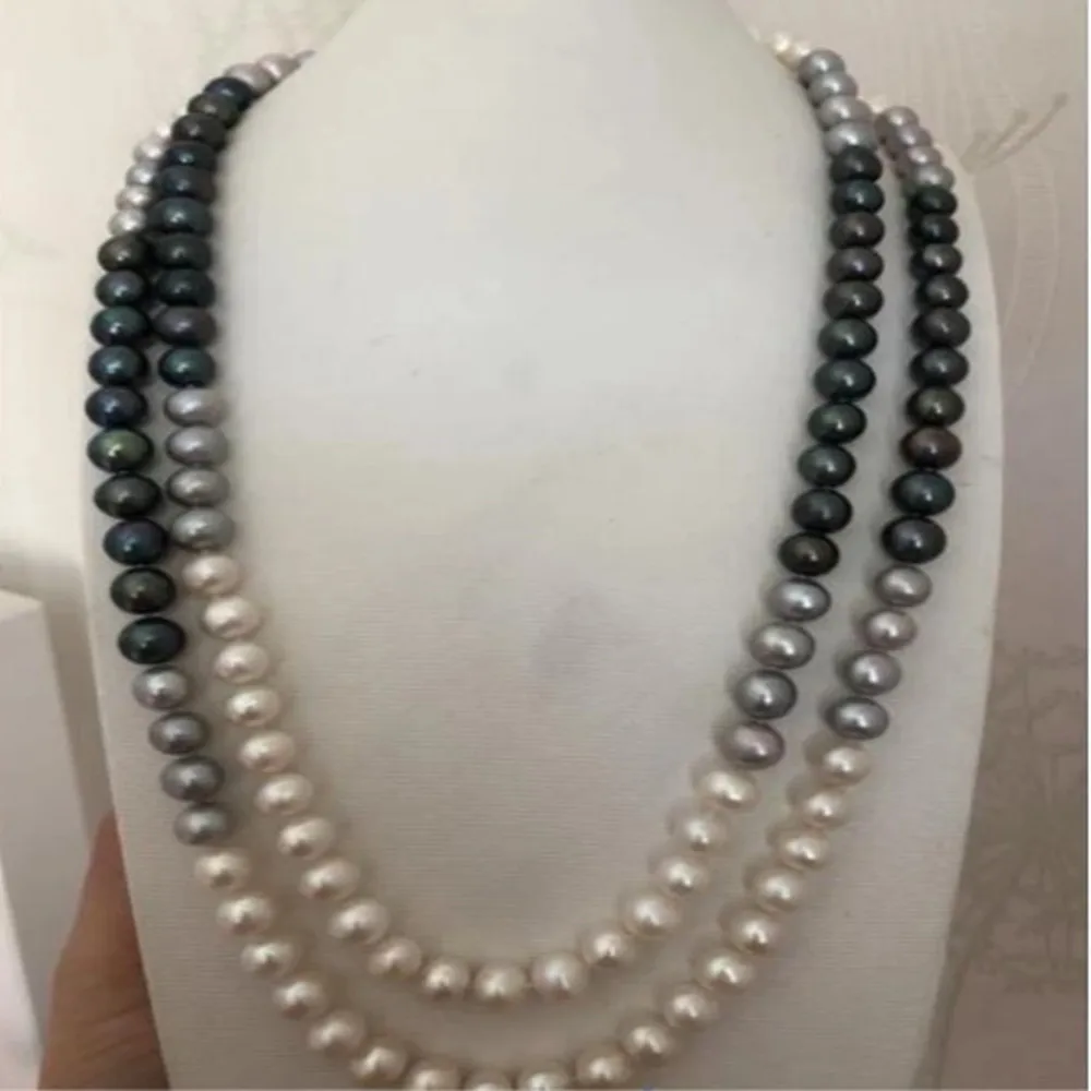 

Hand knotted necklace natural 8-9mm white black gray freshwater pearl sweater chain nearly round pearl 48inch