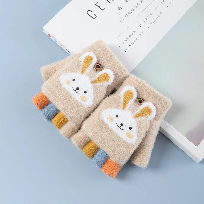 Children Five Finger Gloves Winter Boy Thickened Half Finger Mittens Girl Kid Knitted Mitten Cartoon Warm Flip Gloves