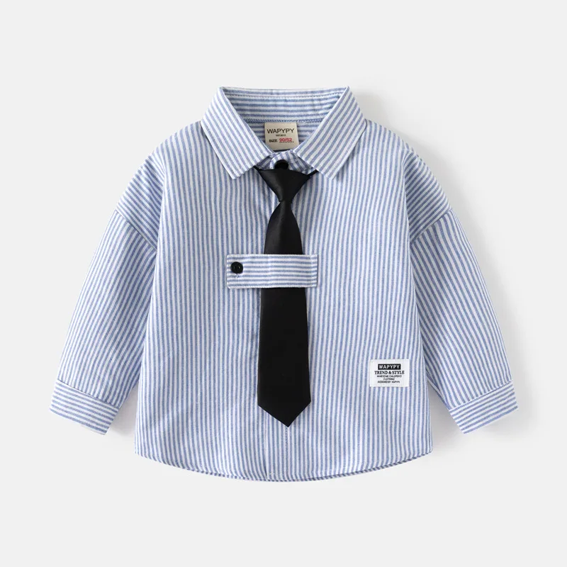 

Spring Toddler Boy 2024 Korean T-shirt Cotton Striped Long Sleeve Kid Boy Shirt Turn Down Collar Sticker Baby Boy Top Solid Ties