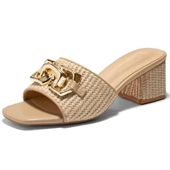 Coutgo Womens Raffia Slide Sandals Chunky Block Heeled Square Open Toe Metal Chain Slip on Mules Dressy Shoes