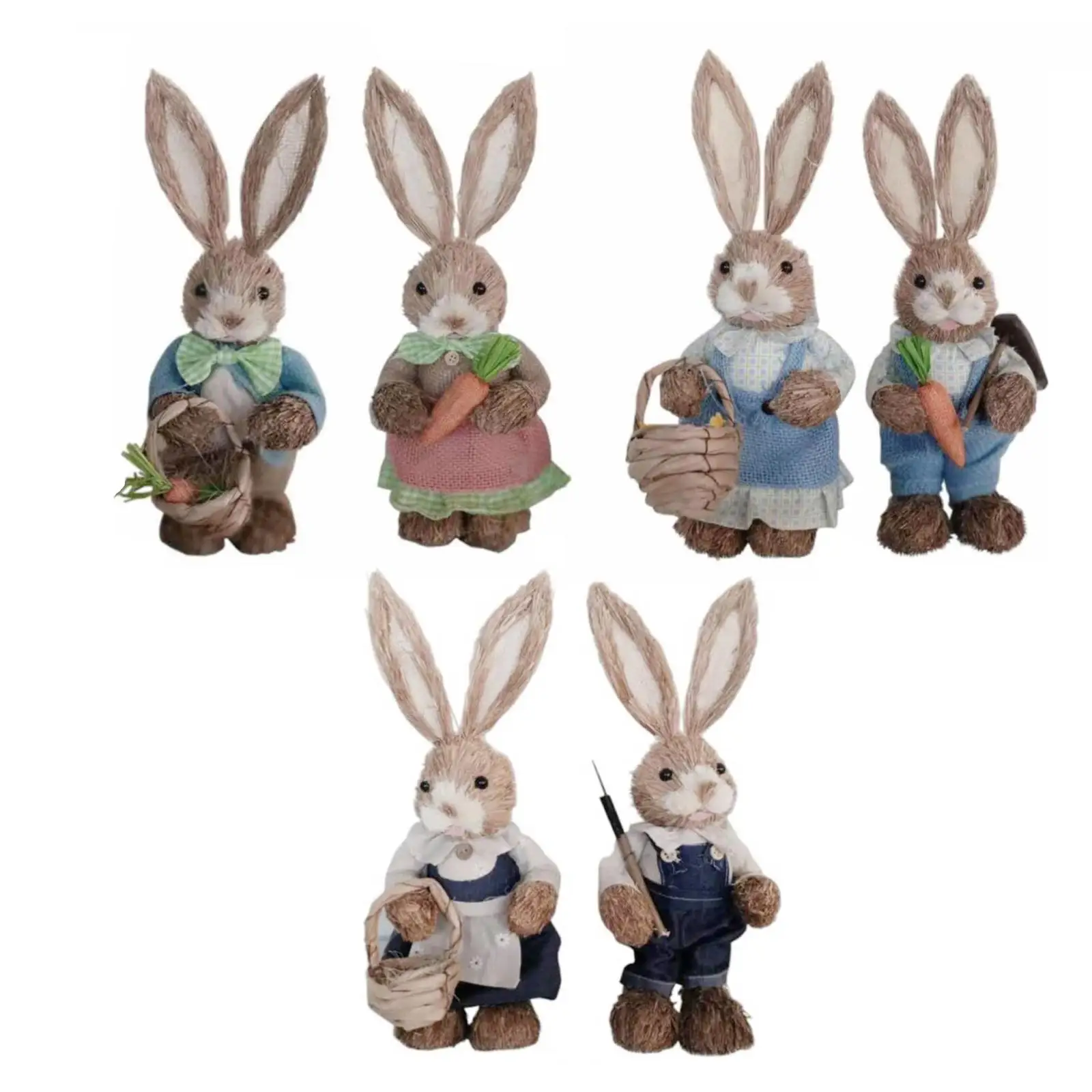 2Pcs Straw Easter Decorations Bunny Statues with Clothes Animal Standing for Floor home and indoor Party Wedding