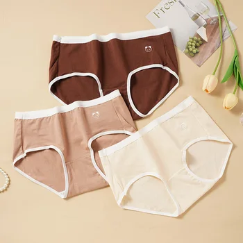 New Autumn Winter Pregnant Women's Large Size Pure Cotton Underwear Fashion Color Blocking Women's Briefs with Cute Bear Printed