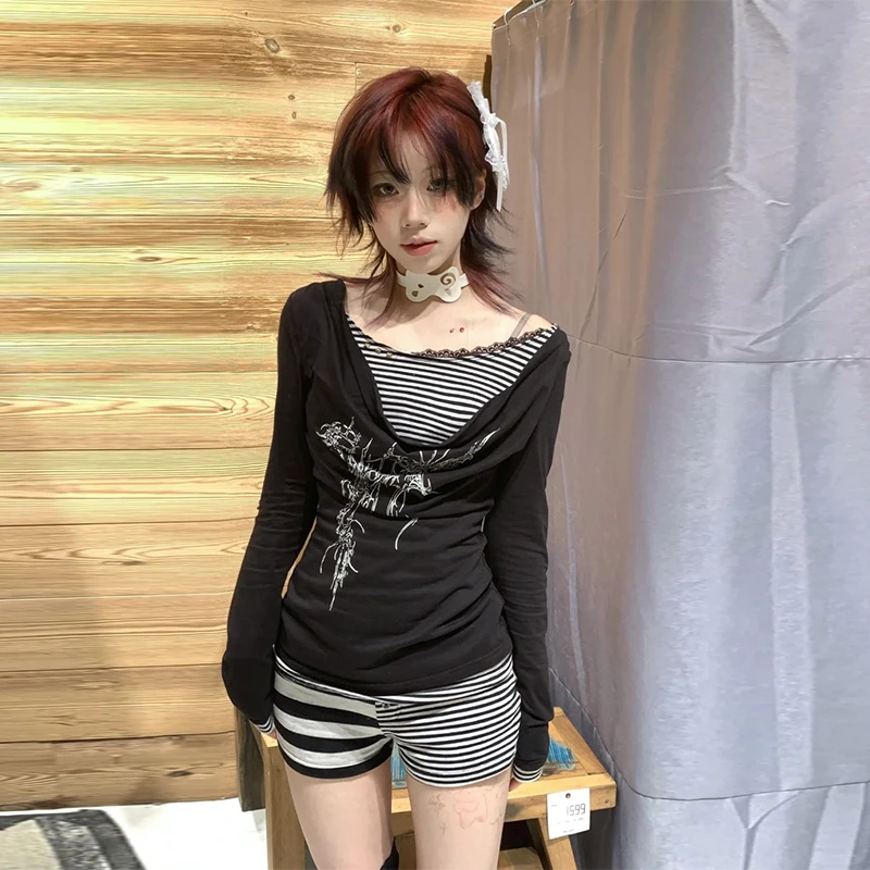 Genayooa Y2k Japanische Print Tops Unregelmäßige Patchwork T-shirt Frauen Swing Kragen Gothic Vintage Grunge Gefälschte Zwei Stücke Tops 2000er Jahre – Detail 7