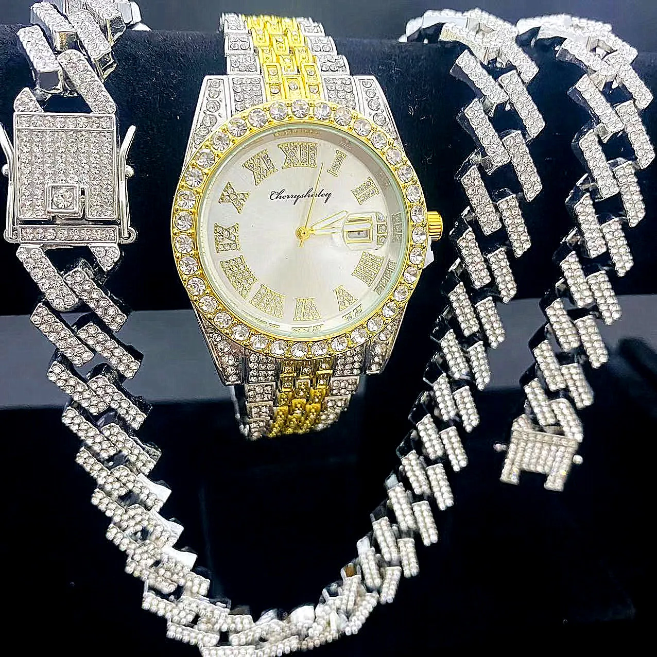 3PCS Iced Out Watches for Men Diamond Gold Watch 15mm Cuban Link Chain Bracelet Necklace Jewelry Set Religio Masculino