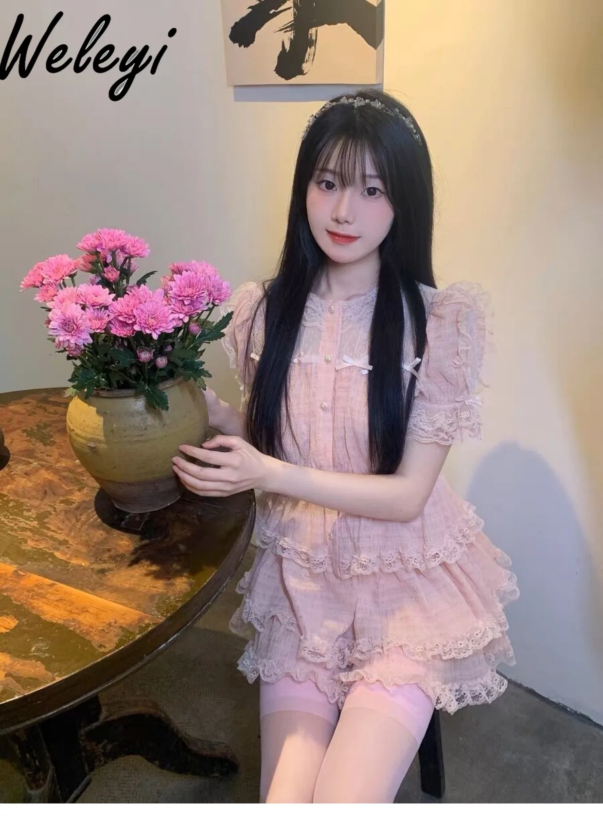

Japanese Kawaii Y2k Skirt Suit Woman 2024 Summer Cute Heavy Industry Bow Pink Falda Wrapped Waist Top High Waist Half Skirts Set