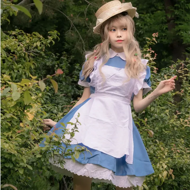 

Girls Anime Comic Cosplay Costume Princess Dress French Maid Alice Cosplay Costumes Summer Short Sleeve Blue Apron Dress