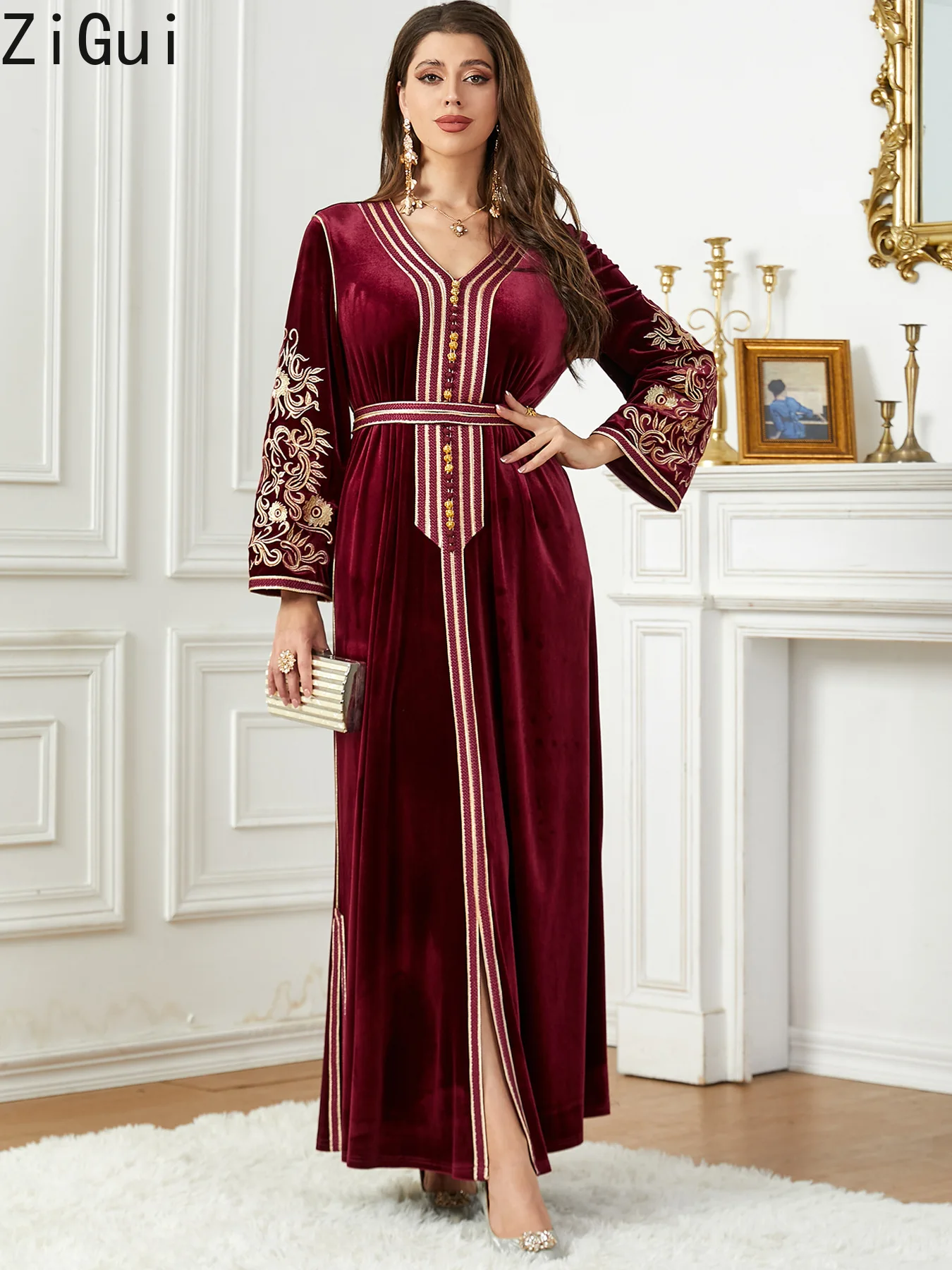 Zigui Arabic Dress Italy Dubai Luxury Russia Middle East Beaded Embroidered Dresses Evening Party Prom Black Velvet Jalabiya