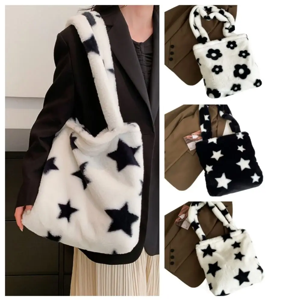 

Large Capacity Flower Plush Tote Bag Fashion Fluffy Handbag Plush Shoulder Bag Crossbody Bag Small Purses Star Tote Bag Winter