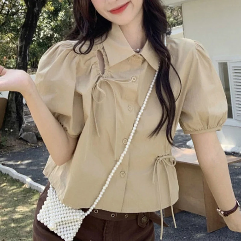

Korean Style New 2024 Spring Summer Chic Strap Design Drawstring Short Style Bubble Short Sleeved Shirt Top Women Slim Casual
