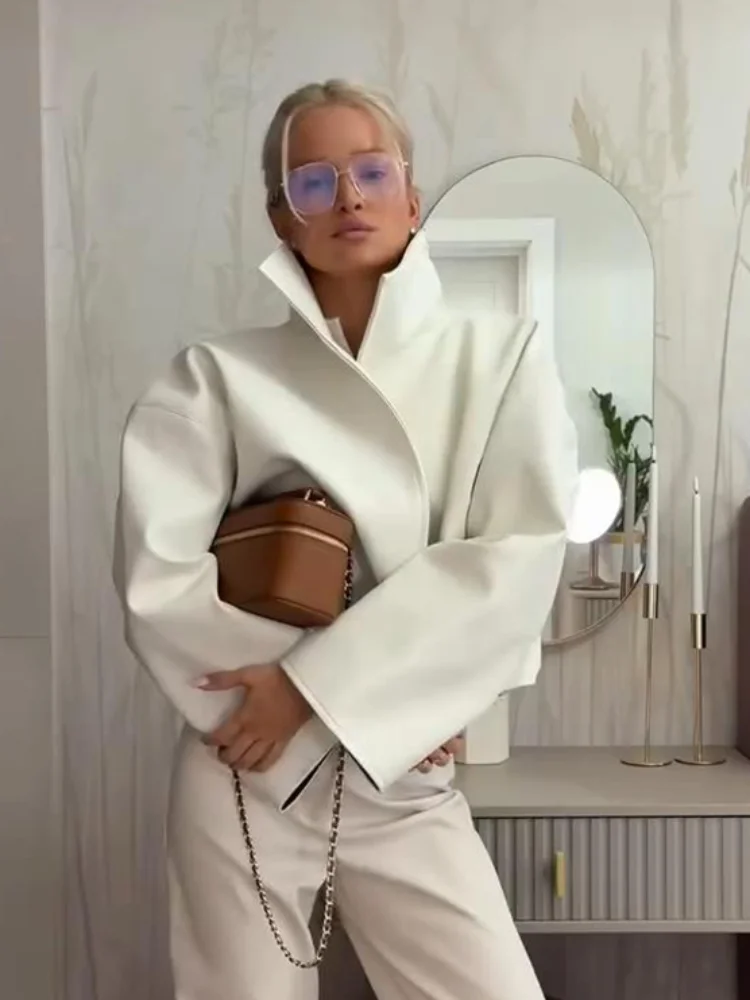 Cropped Faux Leather Jacket With Stand Collar, Flare Sleeves and Asymmetric Wrap Front — photo 4