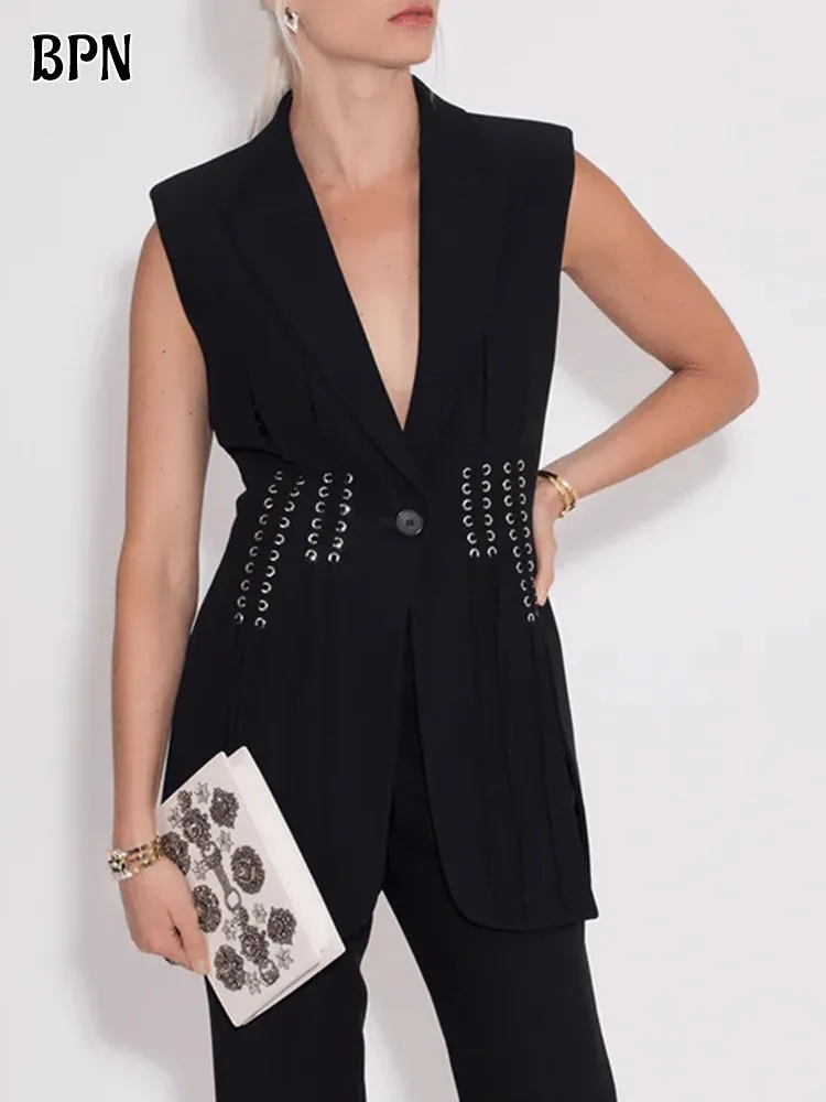 

BPN Solid Patchwork Chain Waistcoat For Women Notched Collar Sleeveless Slim Spliced Single Button Minimalist Waistcoats Female