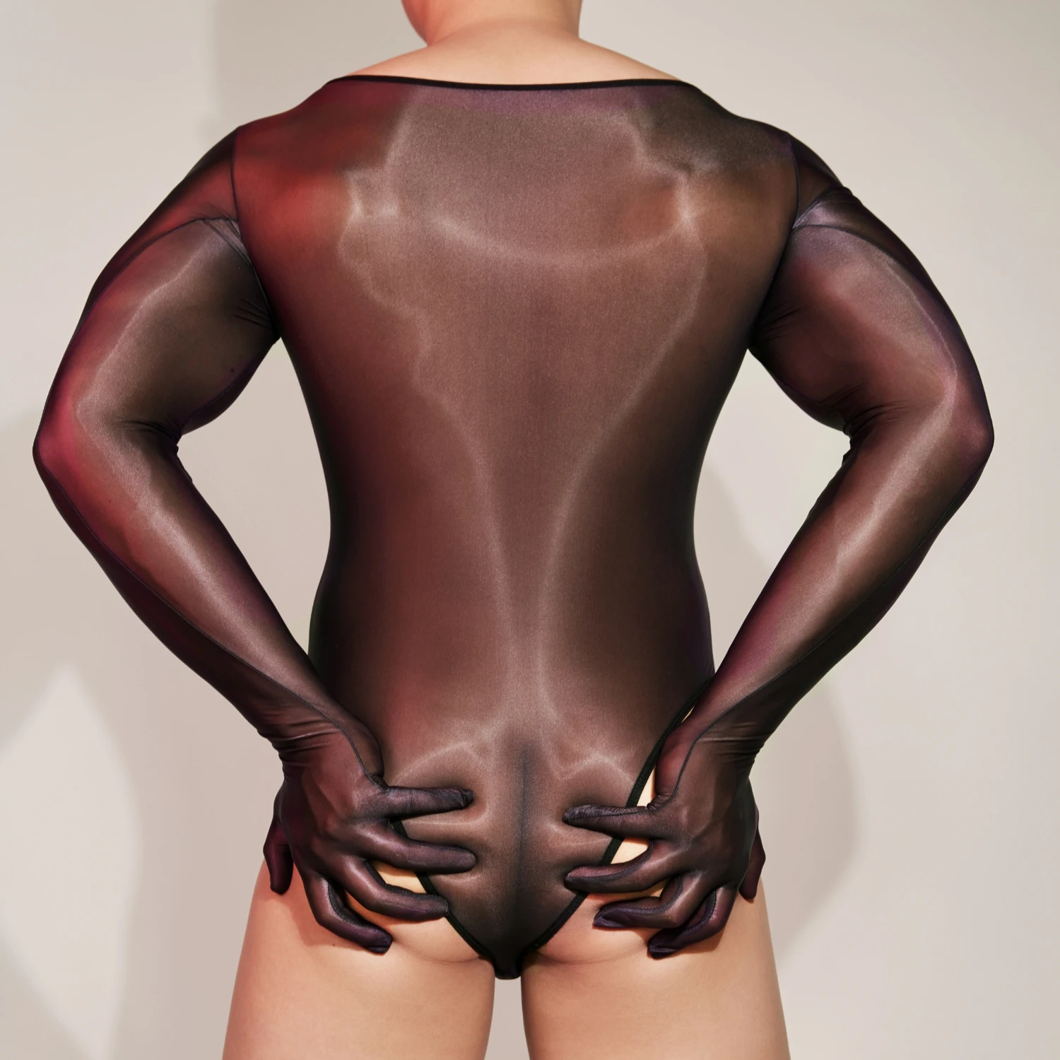 Men Sexy Jumpsuits One Piece Long Sleeve With Gloves Sheer Glossy Pajamas Ultra Thin Stretchy Playsuits Soft Silky Sleepwear