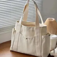 Canvas Women’s Shoulder Bag – Large Capacity Handbag with Multiple Outer Pockets, Zipper Closure, Casual Tote for Students & Shopping
